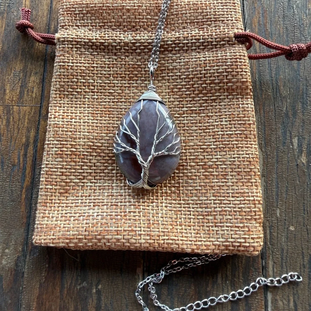 Brand New Wire-Wrapped Indian Agate Drop Pendant with Stainless Steel Chain